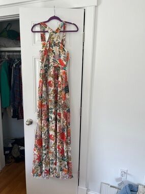 Lulu's White Floral Cross-Back Maxi Dress with Red & Green Accents
